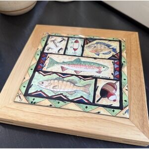 Donna Jensen Ceramic Tile Trivet Fish Fishermen Fishing Lure Vintage Wall Trivet